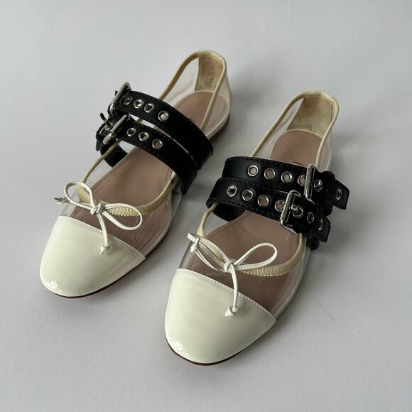 MIU MIU WHITE PVC LEATHER BUCKLE DETAIL BALLET FLATS SIZE 38.5 - Picture 1 of 10
